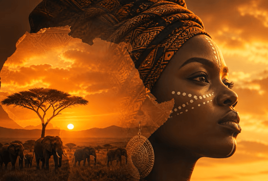 African woman silhouetted against a sunset safari landscape